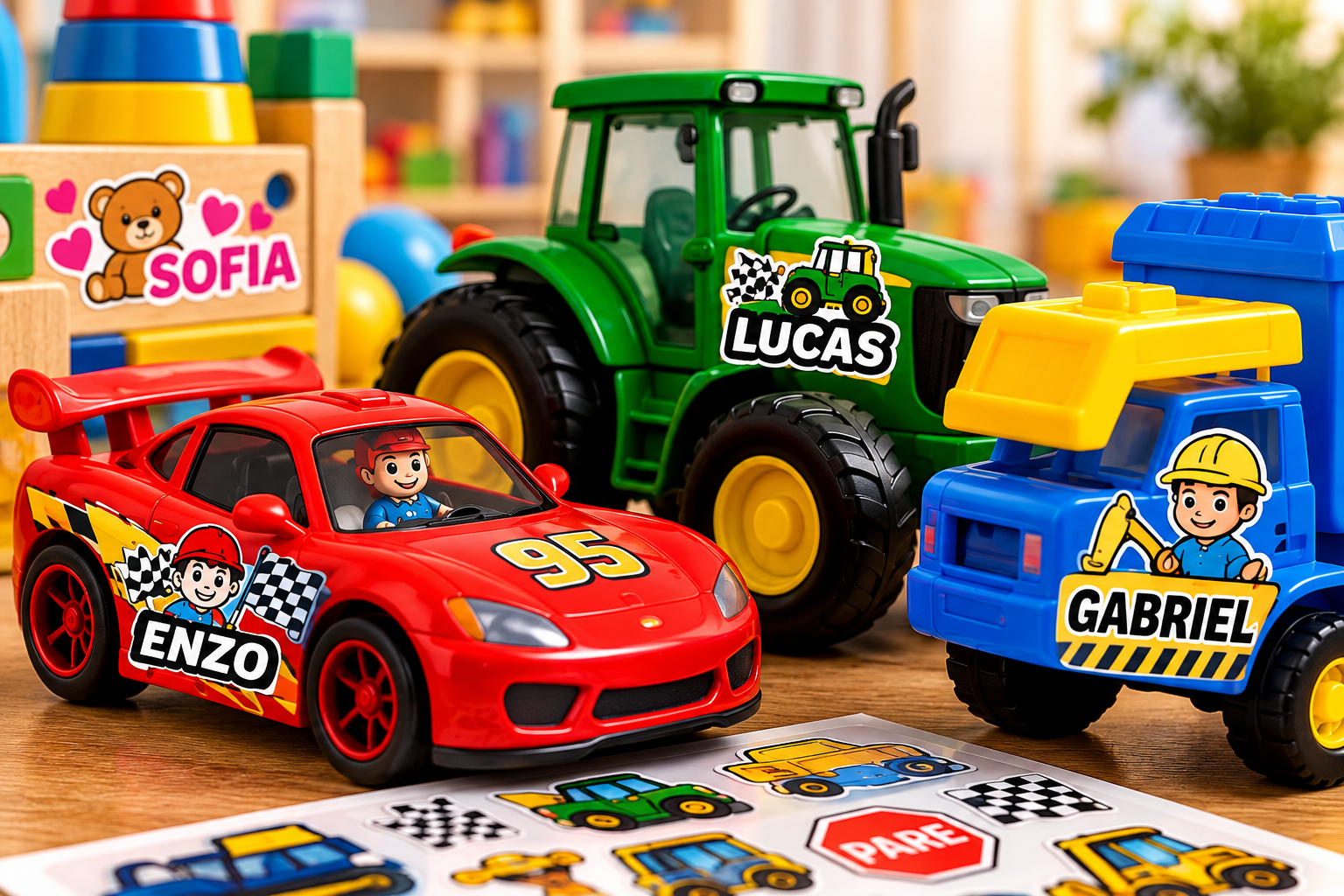Brinquedos com adesivos personalizados