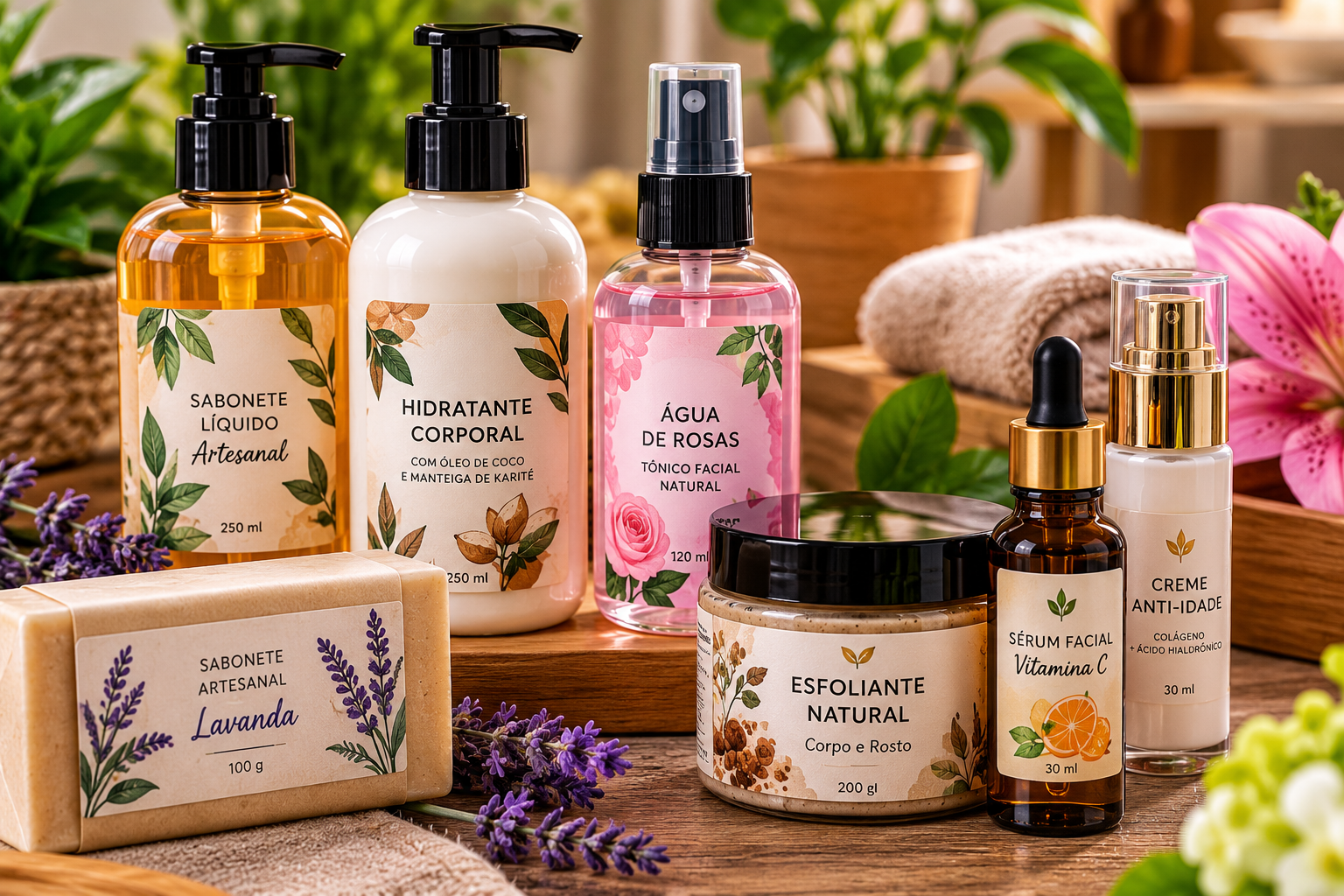 Cosméticos artesanais com rótulos