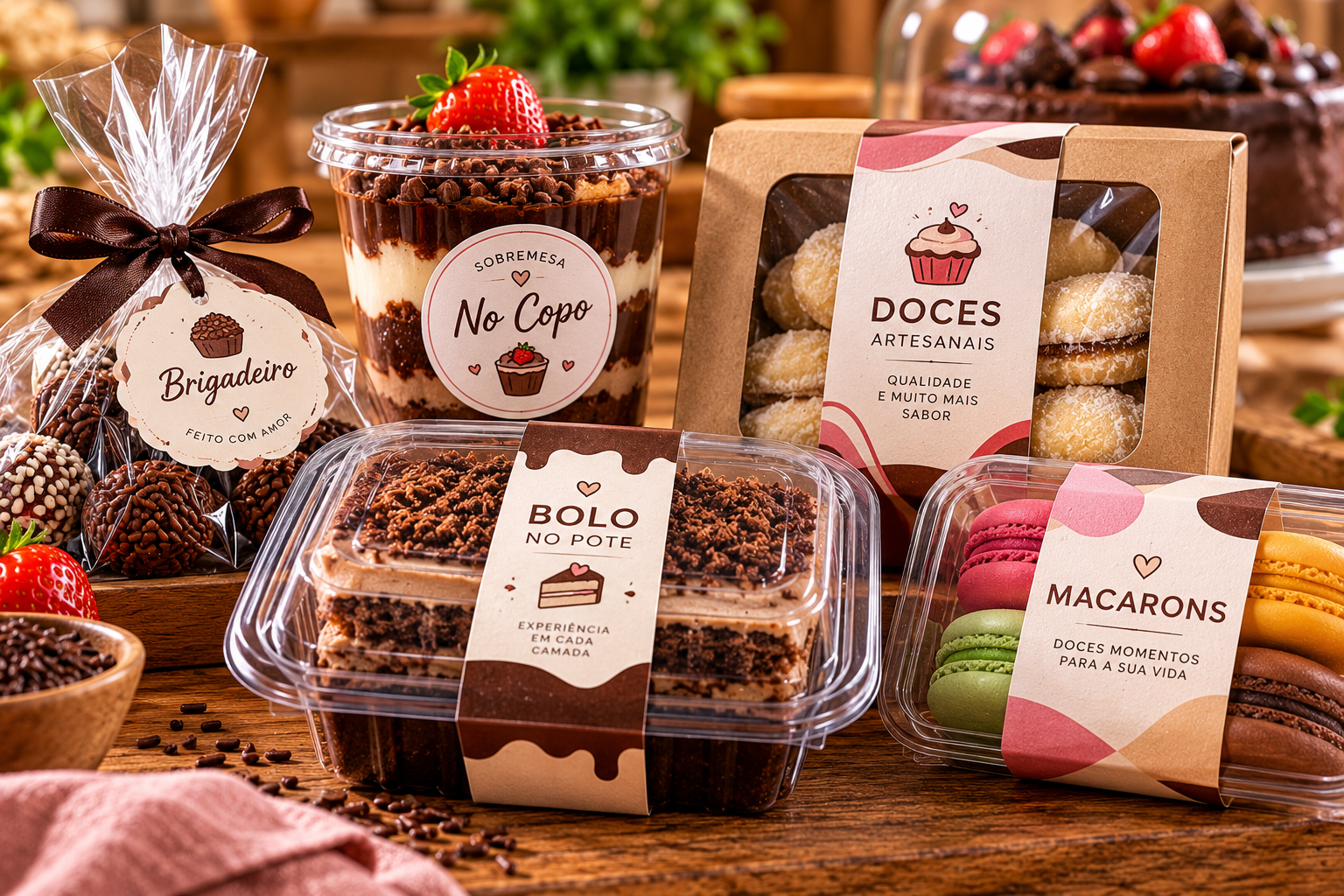 Doces e sobremesas com etiquetas personalizadas