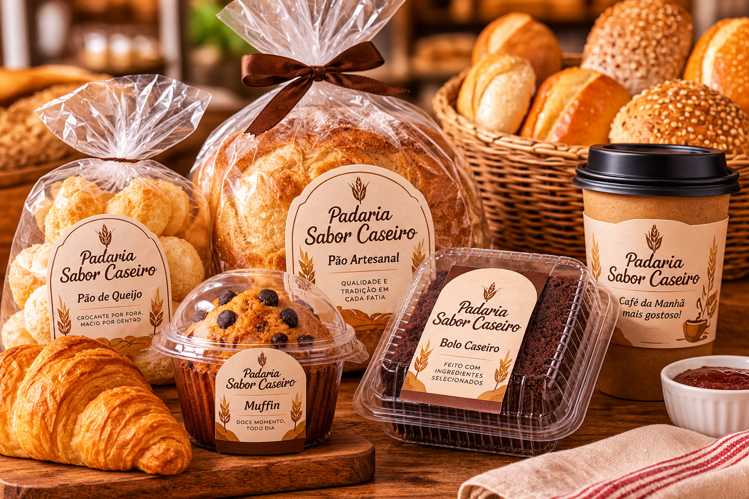 Produtos de padaria com rótulos e etiquetas